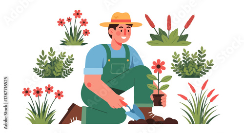 A Gardener Planting New Floral Specimen Smiling and Tending Beautiful Garden