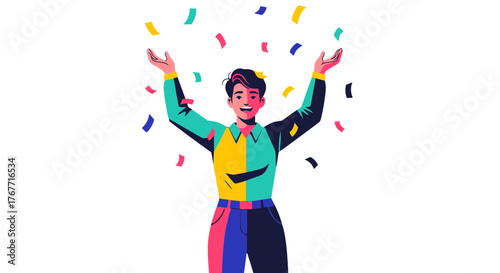 A Cheerful Person Celebrates Amidst Falling Confetti, Displayed on Black Background