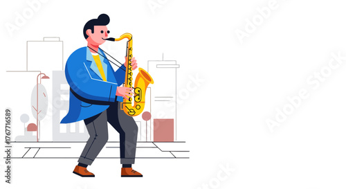 A Jazz Musician Performing In Front Of Urban Buildings With Musical Instrument