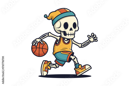 Cool Skeleton Playing Basketball Cartoon Illustration.