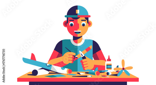 A Person Building A Model Airplane In A Colorful Illustrated Flat Design