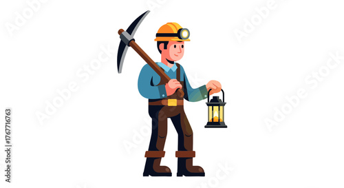 A Dedicated Miner Holding Lantern and Pickaxe Isolated on Black Background