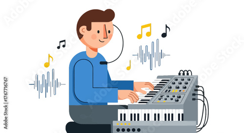 A Person Composing Music On a Synthesizer, Black Background, and Music Notes Showing The Sounds