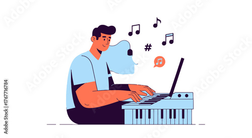 A Person Composing Digital Music on a Keyboard Instrument with Illustrations