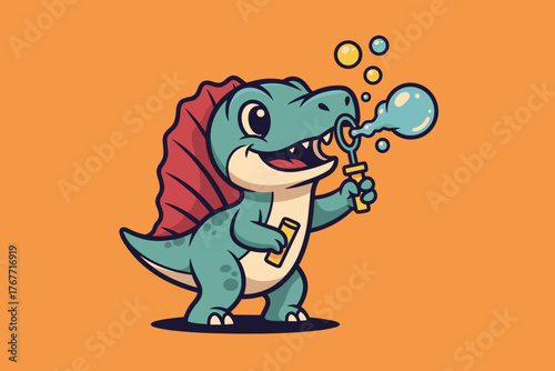 Adorable Spinosaurus Dinosaur Blowing Bubbles with a Bubble Wand