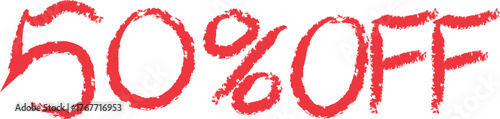 Handwritten fifty percent off sale sign in red paint on white background.