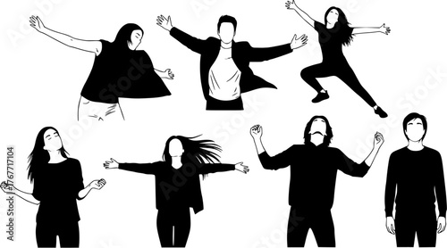 Set of 6, eyes closed, liberating, uninhibited, black and white, faceless, Silhouette, Vector art style, Flat design illustration, clean outline, isolated on white background