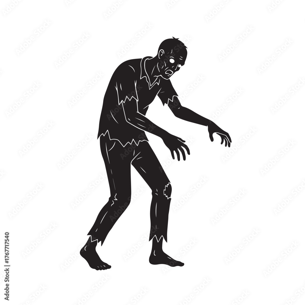 Fototapeta premium Silhouette of a zombie walking with arms stretched, white background
