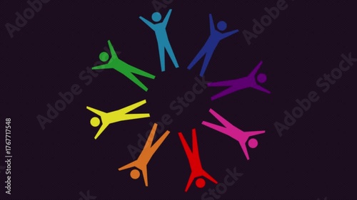 Animation of colorful people in a circular area.