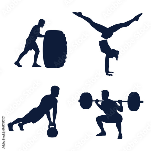 Fitness Training Silhouette of People Exercising with Gym Equipment and Bodyweight