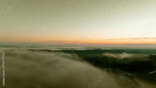 Misty Forest Landscape at Sunrise With Soft Orange Sky and Green Trees Visible Through Fog