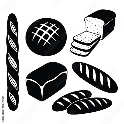 Assorted Bread Icons in Black and White Bakery Concept
