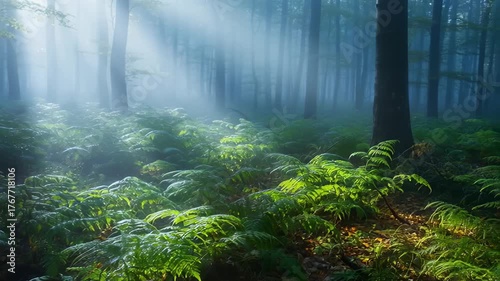 Misty Forest With Sunbeams Shining Through The Trees Onto Lush Green Ferns In The Morning Light