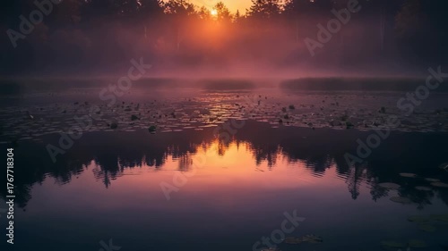 Misty Morning Sunrise Over a Calm Forest Lake Reflecting Golden Hues of Dawn with Lily Pads Floating