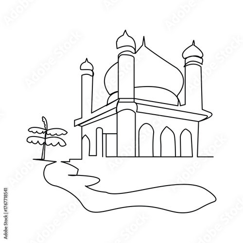 Continuous one line drawing boy muslim praying with hands in mosque isra miraj isra miraj islamic events concept single line draw design vector graphic illustration