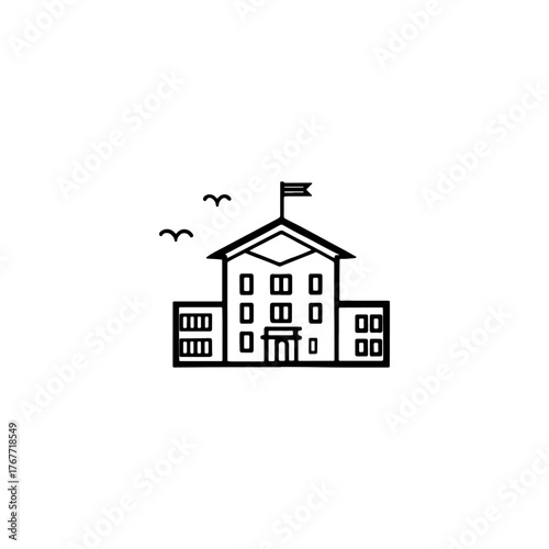 Classic School Building with Flag and Birds