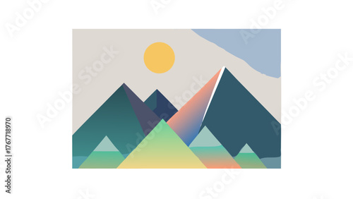 Free Download Vector art of a mountain landscape with layered geometric shapes, gradient sky and minimalist color palette, inspired by nature and adventure themes - GFXLoad