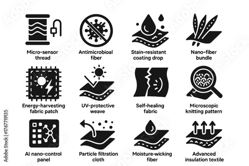 Fiber symbol insulation bundle fabric pattern textile weave nano patch vector icon