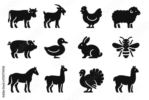 Alpaca rabbit vector horse pig farm animal honeybee icon goat chicken sustainable