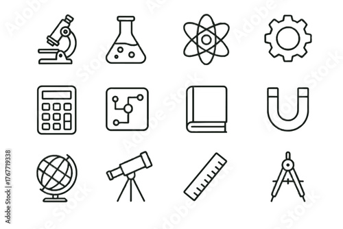 Gear magnet icons ruler circuit vector stem grid globe calculator flask microscope