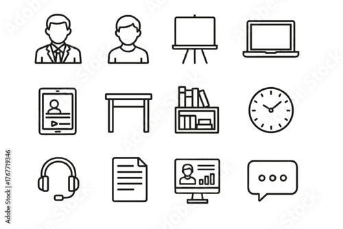 Vector tablet presentation desk icons notes laptop virtual headset teacher classroom icon