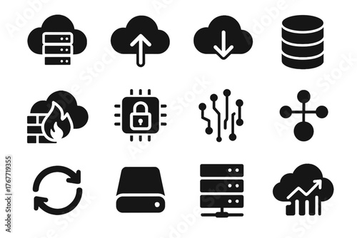 Vector data drive server firewall download rack storage icon stream cloud