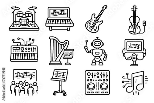 Icon bot devices holographic virtual harp vector interactive futuristic drum smart music