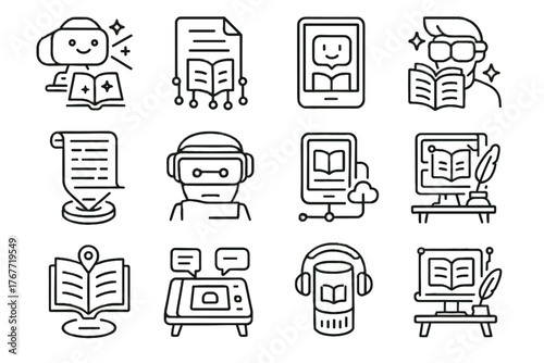 Icons futuristic intelligent manuscript connected tablet icon virtual storybook vector storytelling book