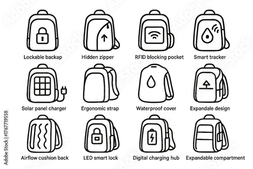 Icon backpack waterproof solar anti charging vector tracker design led theft smart