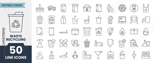 Waste Recycling line icons set. Editable stroke. Vector illustration