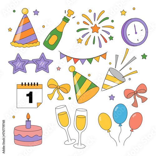 New Year Party Celebration Icons Set