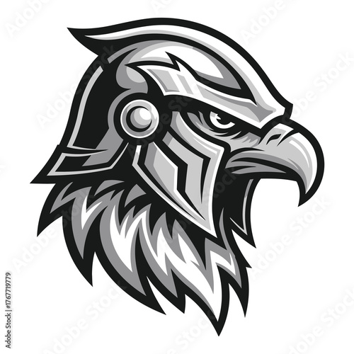 Eagle head in spartan helmet illustration isolated on white background, showcasing a powerful and noble bird of prey with a warriorlike appearance