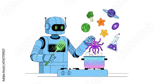 A Robotic Chef Adding Culinary Cosmic Touches in Creative Illustration Design