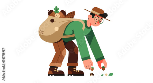 A Person Harvesting Nuts from The Ground Carries a Large Bag Full of Goods