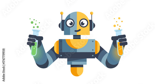 A Robotic Scientist Performing Chemistry Experiments With Colorful Animated Liquids