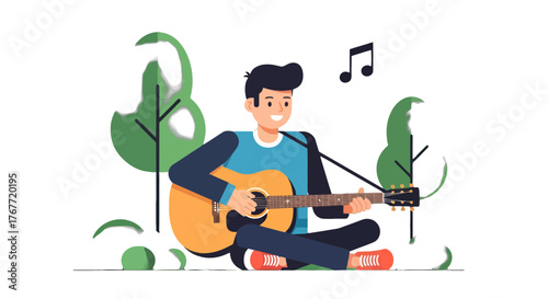 A Person Plays Guitar and Sits Comfortably with Nature Inspired Visuals