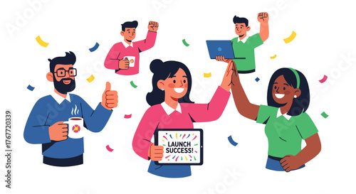 A Team Celebrating Project Success in a Modern, Flat Illustration with Joyful Moments