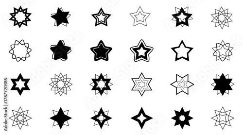 24 imaginary shapes of star icons, isolated on white background, vector
