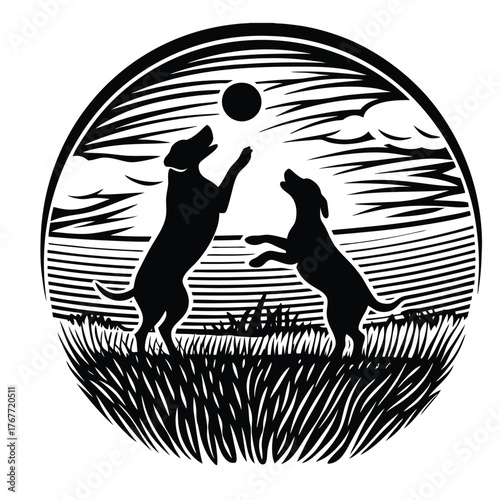 Black and white color silhouette vector art illustration of Two dogs are playing each other 