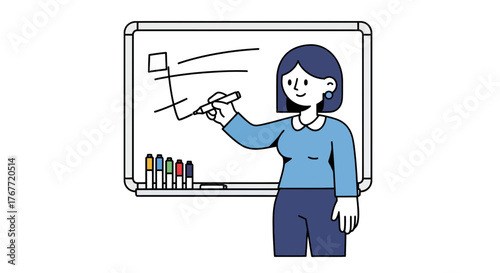 A Woman In Blue Illustrates On A Whiteboard, Presenting Data and Explanations