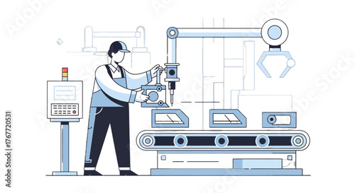 A Workforce Expertly Operates a Robotic Arm in a Modern Automated Factory Setting