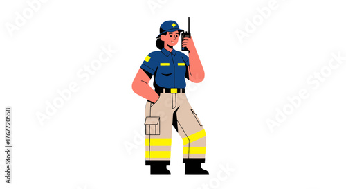 A Policewoman Using Radio Communication With a Uniform Against a Black Backdrop Illustration