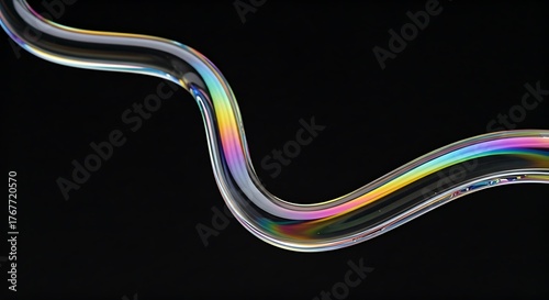 Curved Clear Glass Tube with Iridescent Light Reflection and Rainbow Effect on Black Background.