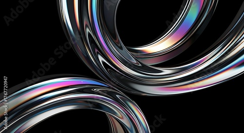 Iridescent chrome rings on black background, glossy abstract curved metallic loops, 3D render