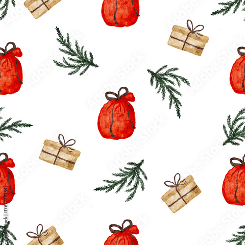 Christmas presents and evergreen branches repeated seamless pattern on white background.