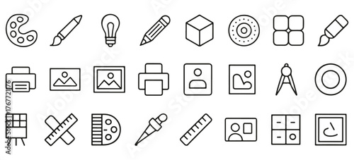 Graphic design line icons set. Digital art and creativity tools collection for web and mobile apps. Vector illustration of drawing, design process, and creative portfolio elements.