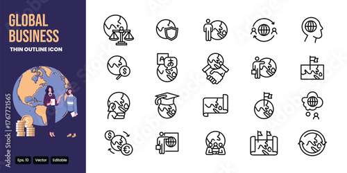 Global Business thin outline icon set vector design good for web and mobile app
