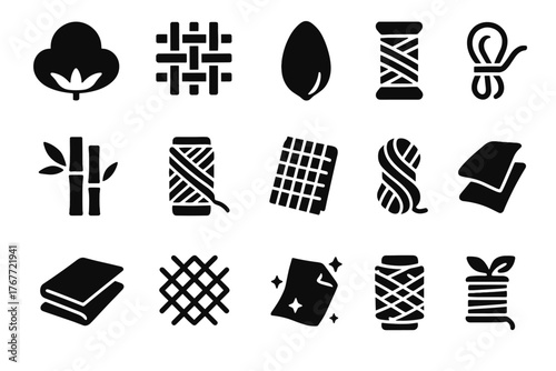 Woven icons fabric thread fiber polymer yarn vector hemp cotton icon bio