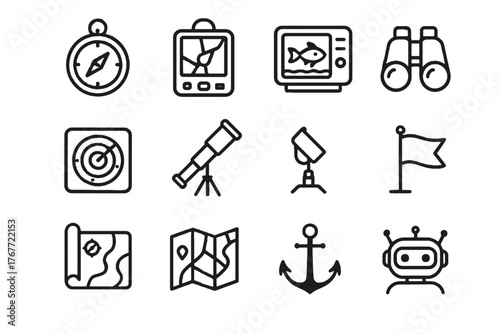 Icon radar map vector sonar ship navigation gps assistant binoculars flag anchor
