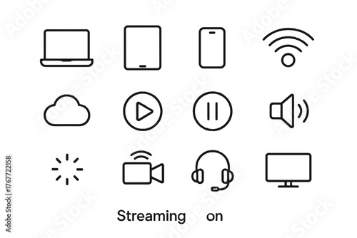 Vector monitor streaming set pause headset icons button icon tablet camera cloud